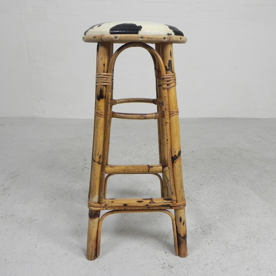 Image 1 of Bamboo Barstool With Skai Seat In Cow Print, 1950s