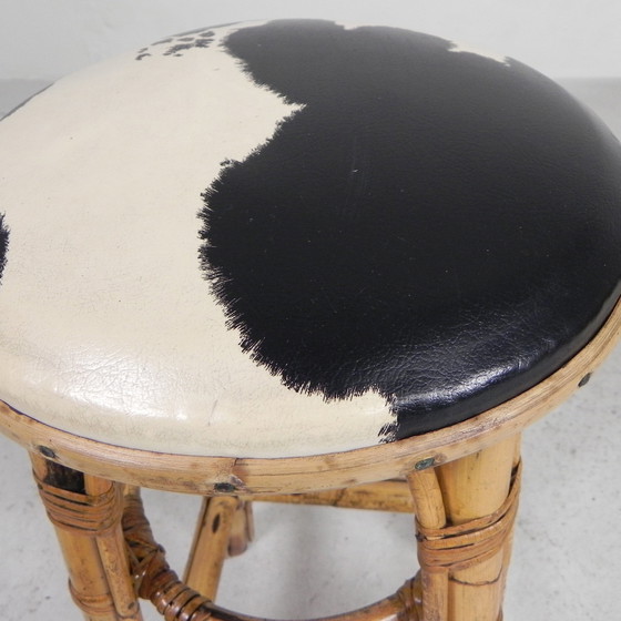 Image 1 of Bamboo Barstool With Skai Seat In Cow Print, 1950s