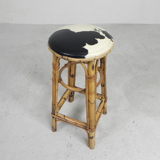 Bamboo Barstool With Skai Seat In Cow Print, 1950s