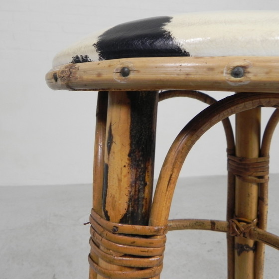 Image 1 of Bamboo Barstool With Skai Seat In Cow Print, 1950s