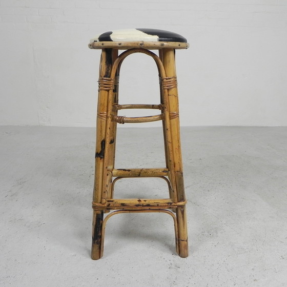 Image 1 of Bamboo Barstool With Skai Seat In Cow Print, 1950s