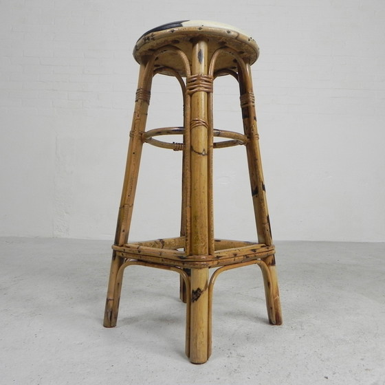 Image 1 of Bamboo Barstool With Skai Seat In Cow Print, 1950s