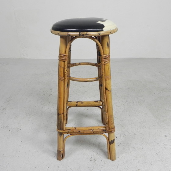 Image 1 of Bamboo Barstool With Skai Seat In Cow Print, 1950s