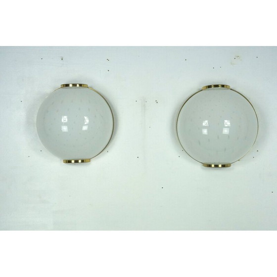 Image 1 of Pair of vintage round Murano bullicante glass wall lamps with brass, Italy 1970s