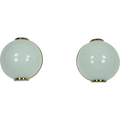 Pair of vintage round Murano bullicante glass wall lamps with brass, Italy 1970s