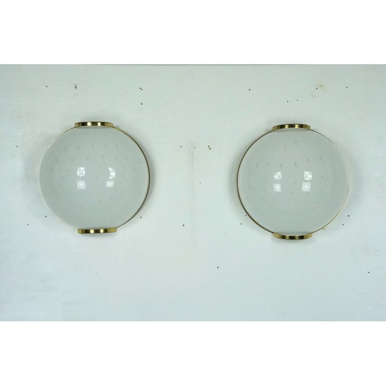 Image 1 of Pair of vintage round Murano bullicante glass wall lamps with brass, Italy 1970s