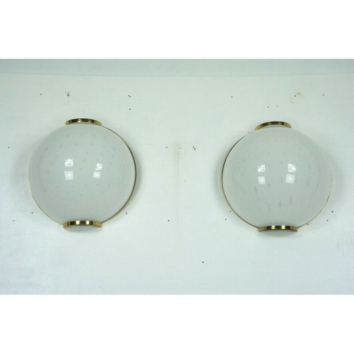 Pair of vintage round Murano bullicante glass wall lamps with brass, Italy 1970s