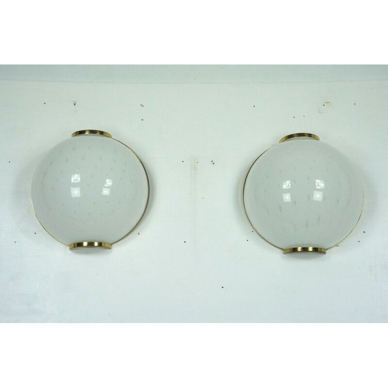 Image 1 of Pair of vintage round Murano bullicante glass wall lamps with brass, Italy 1970s
