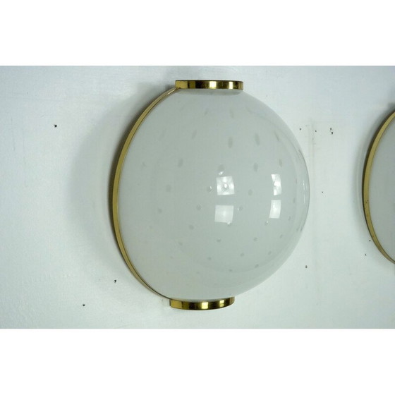 Image 1 of Pair of vintage round Murano bullicante glass wall lamps with brass, Italy 1970s
