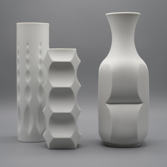 Image 1 of HUTSCHENREUTHER Bisque Porcelain ARCHAIS Vase TRIO Heinrich FUCHS Op Art Retro 