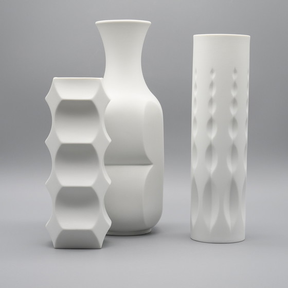 Image 1 of HUTSCHENREUTHER Bisque Porcelain ARCHAIS Vase TRIO Heinrich FUCHS Op Art Retro 