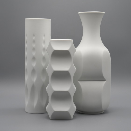 Image 1 of HUTSCHENREUTHER Bisque Porcelain ARCHAIS Vase TRIO Heinrich FUCHS Op Art Retro 