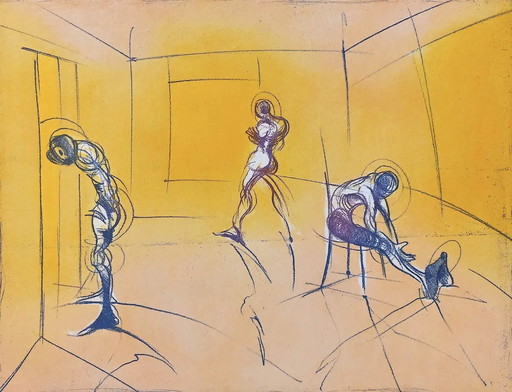 Ronald Tolman - Drie Figuren In Gele Kamer, Aquatint Ets