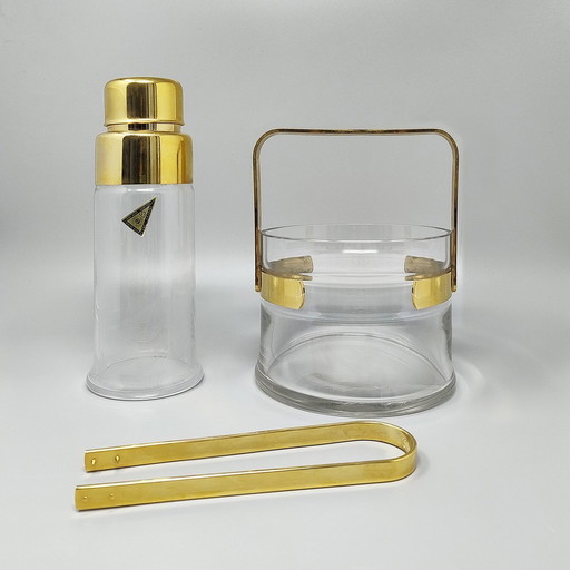 1970S Gorgeous Cocktail Shaker With Ice Bucket By Dorval In Gold Plate 24K And Crystal. Made In Italy