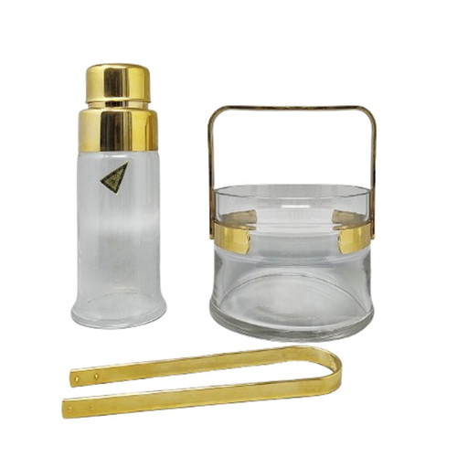 1970S Gorgeous Cocktail Shaker With Ice Bucket By Dorval In Gold Plate 24K And Crystal. Made In Italy