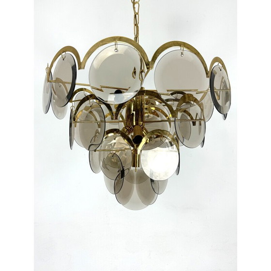 Image 1 of Vintage brass chandelier for brass and smoked glass, 1970
