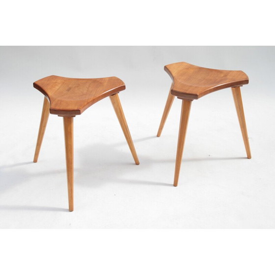 Image 1 of Pair of vintage beech and elm stools, France, 1950s