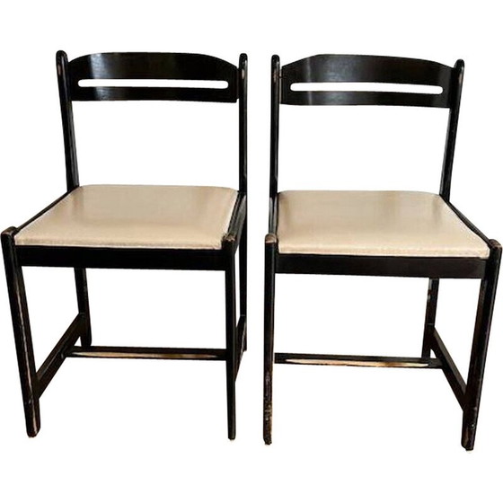 Image 1 of Pair of vintage black chairs in wood and white imitation leather