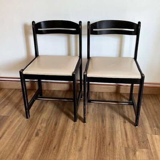 Image 1 of Pair of vintage black chairs in wood and white imitation leather