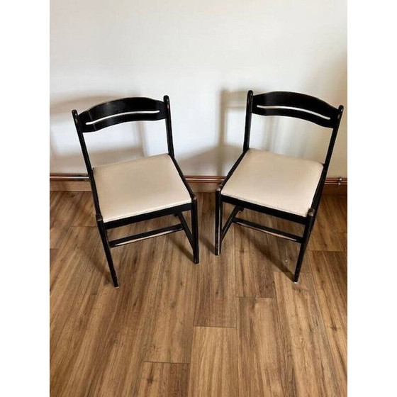 Image 1 of Pair of vintage black chairs in wood and white imitation leather