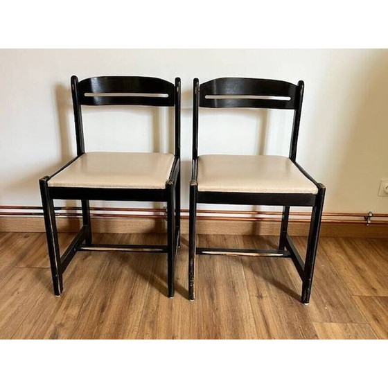 Image 1 of Pair of vintage black chairs in wood and white imitation leather
