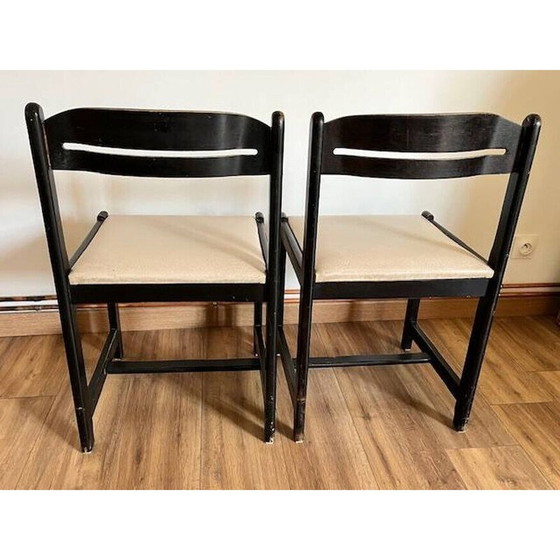 Image 1 of Pair of vintage black chairs in wood and white imitation leather