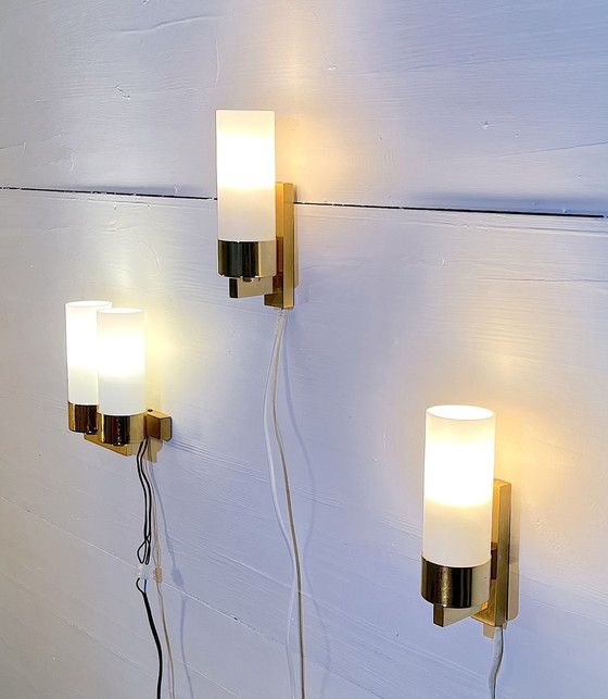 Image 1 of Three Brass And Opaline Wall Lights, Mid-Century France