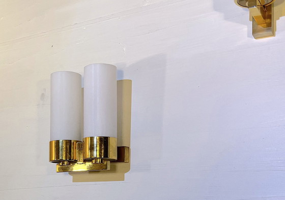 Image 1 of Three Brass And Opaline Wall Lights, Mid-Century France