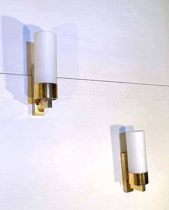 Image 1 of Three Brass And Opaline Wall Lights, Mid-Century France