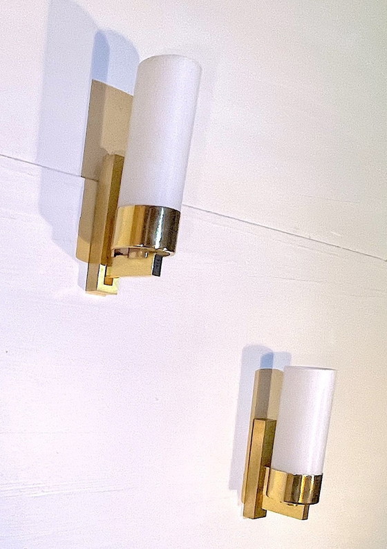 Image 1 of Three Brass And Opaline Wall Lights, Mid-Century France