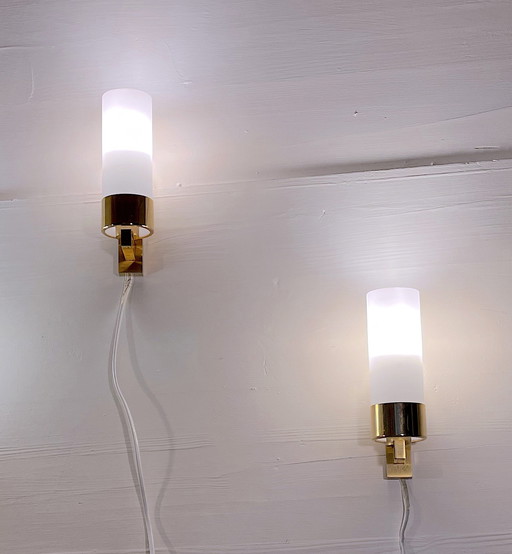 Three Brass And Opaline Wall Lights, Mid-Century France