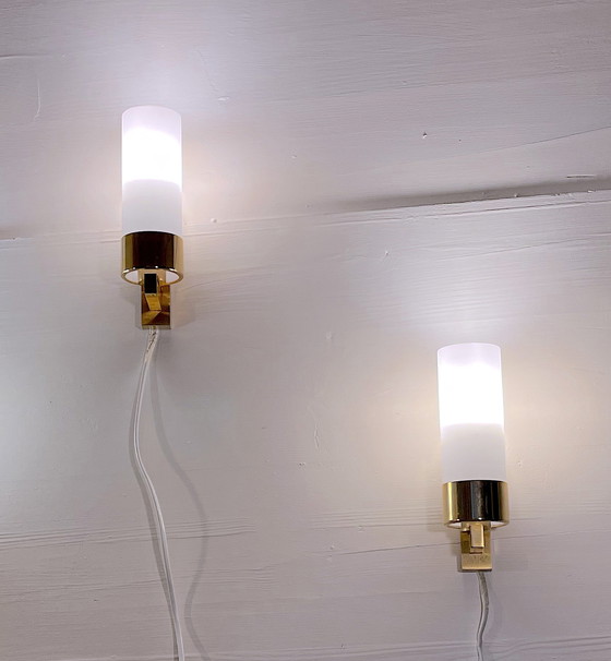 Image 1 of Three Brass And Opaline Wall Lights, Mid-Century France