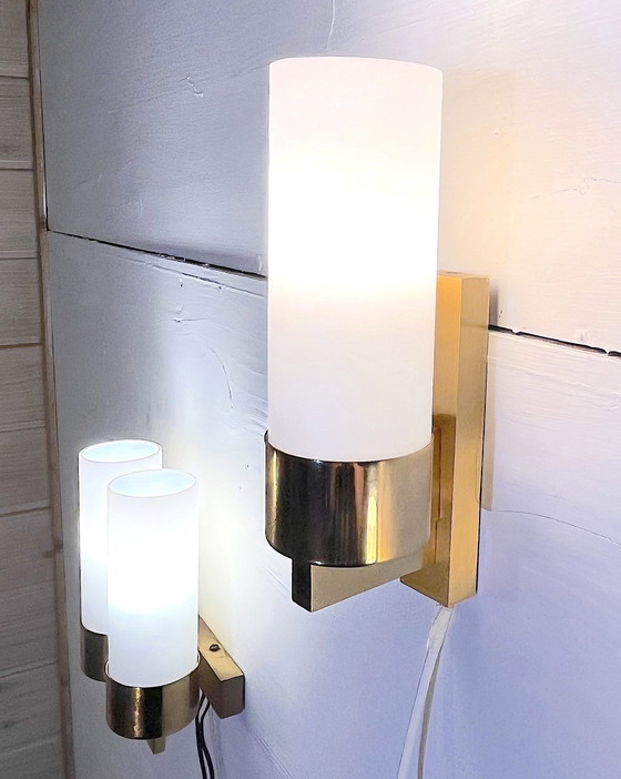 Image 1 of Three Brass And Opaline Wall Lights, Mid-Century France