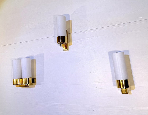 Image 1 of Three Brass And Opaline Wall Lights, Mid-Century France