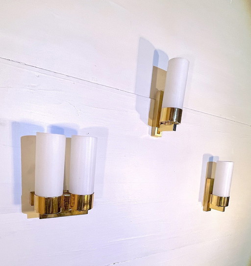 Three Brass And Opaline Wall Lights, Mid-Century France