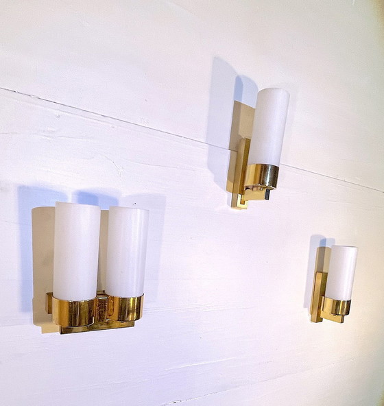 Image 1 of Three Brass And Opaline Wall Lights, Mid-Century France