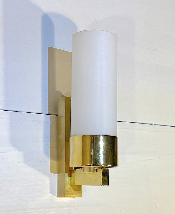 Image 1 of Three Brass And Opaline Wall Lights, Mid-Century France