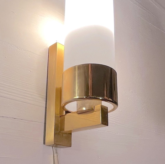 Image 1 of Three Brass And Opaline Wall Lights, Mid-Century France