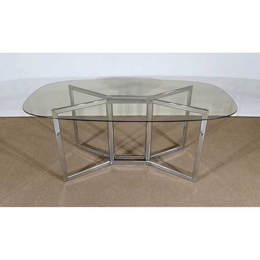Vintage table in chromed metal and smoked glass, 1970s