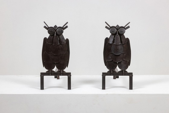 Image 1 of Coppia di alari in ferro raffiguranti un gufo. Anni '50.