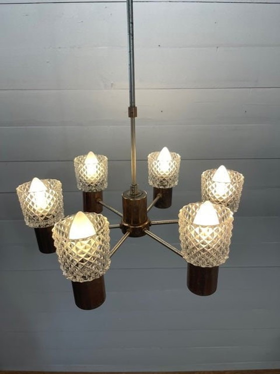 Image 1 of Vintage Sputnik lamp 6 brass arms and glass shades.