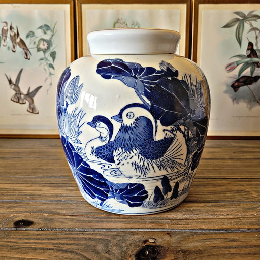 Chinese ceramic ginger pot / vase with white and blue decoration of birds and plants