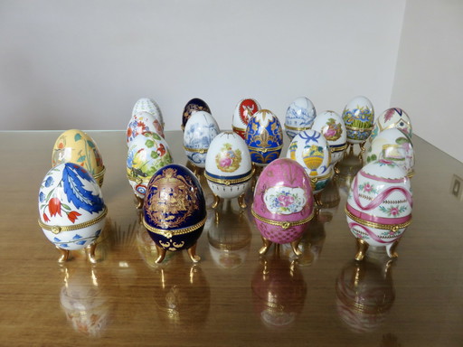 Set Of 19 Porcelain And Brass Egg Boxes, 1980