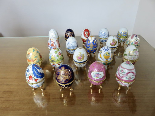 Set Of 19 Porcelain And Brass Egg Boxes, 1980