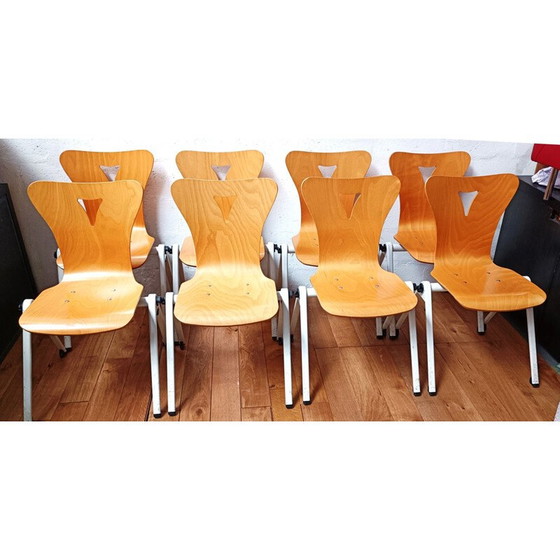 Image 1 of Vintage community chair in wood and white tinted metal base