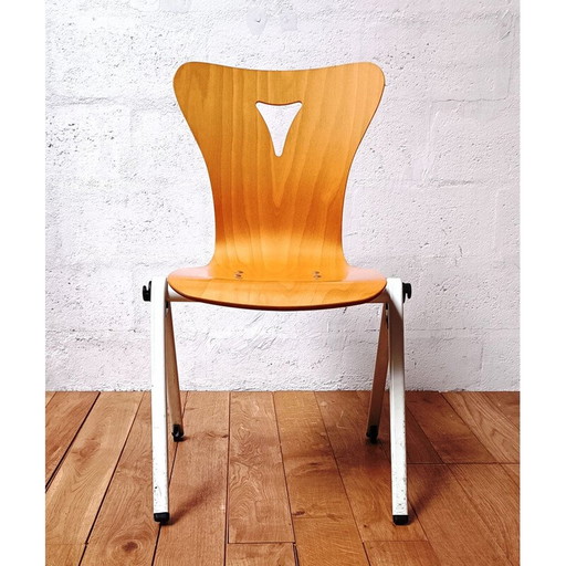 Vintage community chair in wood and white tinted metal base