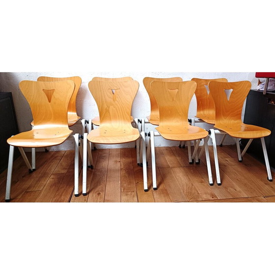 Image 1 of Vintage community chair in wood and white tinted metal base