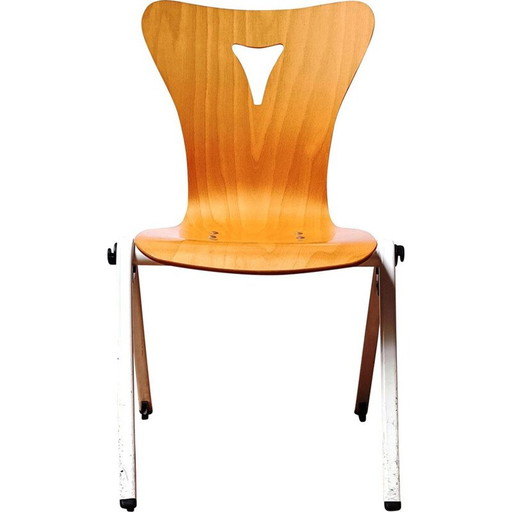 Vintage community chair in wood and white tinted metal base