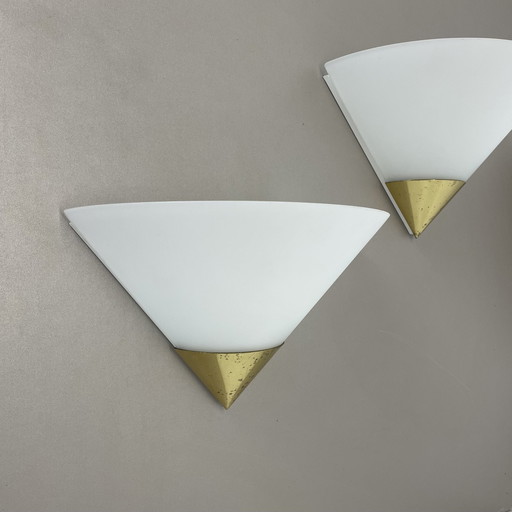 Set Of 2 Brass And Satin Glass Wall Lights By Glashütte Limburg, Germany, 1980S