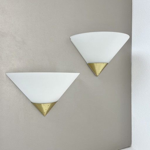 Set Of 2 Brass And Satin Glass Wall Lights By Glashütte Limburg, Germany, 1980S